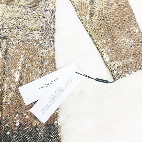 CALVIN KLEIN Gold Sequin Cocktail Dress Knee Length Faux Wrap Party Size 4 6 New - Picture 4 of 10